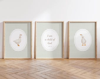Goose Sage Green Nursery Wall Art Set, Christian Neutral Gingham Nursery Print, Duck Nursery Decor, Gender Neutral Nursery, Kids Room Print
