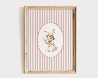 Bunny Nursery Wall Art | Girl's Room Decor Flowers | Vintage Rabbit Farmhouse Decor | Baby Girl Cottagecore Print | Digital Download