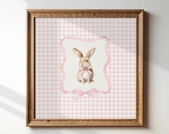 Pink Gingham Bunny Print, Girl Nursery Decor, Pink Bow, Girl Vintage Room Wall Art, Digital Download