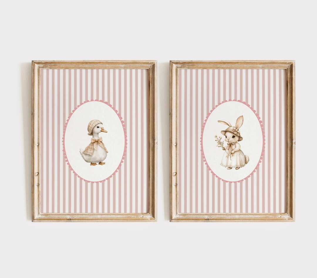 Pink Nursery Wall Art Set, Silly Goose Bunny Prints, Vintage Baby Girl ...
