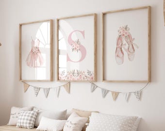 Ballerina Wall Art Set, Ballet Floral Nursery Decor, Personalized Initial Name Print, Pink Tutu Girl Room Decor (digital)
