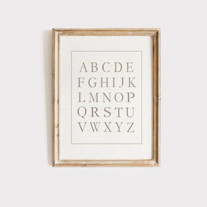 May include: A framed alphabet print. The print features the letters of the alphabet in a serif font, arranged in rows. The letters are a muted brown color against a cream background. The frame is a light brown, with a slightly distressed look.