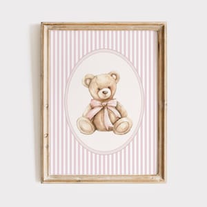Arte de pared vintage rosa para habitación de bebé, decoración de habitación de niña, lámina de rayas rosas, póster de oso con lazo rosa, decoración vintage para habitación de niña, imprimible