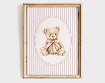 Pink Vintage Bear Nursery Wall Art, Girl Nursery Decor, Pink Stripes Nursery Print, Bear Pink Bow Poster, Girl Vintage Room Decor, Printable