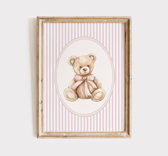 Pink Vintage Bear Nursery Wall Art, Girl Nursery Decor, Pink Stripes Nursery Print, Bear Pink Bow Poster, Girl Vintage Room Decor, Printable