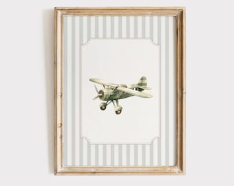 Art mural avion vintage, décoration de chambre d'enfant voyage garçon, impression biplan de voyage, décoration de chambre vintage petit garçon, sauge et beige, téléchargement numérique