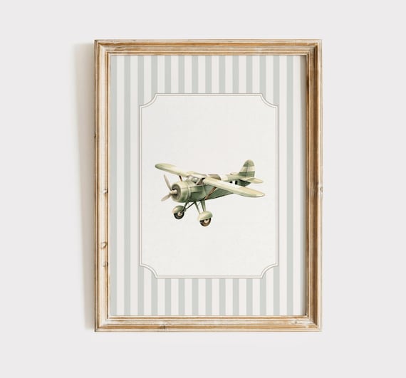 Vintage Plane Wall Art, Boy Travel Nursery Decor, Travel Biplane Print, Little Boy Vintage Room Decor, Sage and Beige, Digital Download