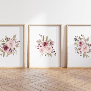 Decoración infantil Rosas empolvadas, láminas de arte para la pared de la habitación de una niña, decoración floral para la habitación infantil, ramo de flores rosas, arte mural de flores en acuarela