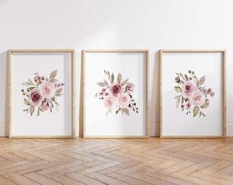 Dusty Roses Nursery Decoration, Baby Girl Nursery Wall Art Prints, Floral Nursery Decor, Pink Floral Bouquet, Watercolor Flowers Wall Art