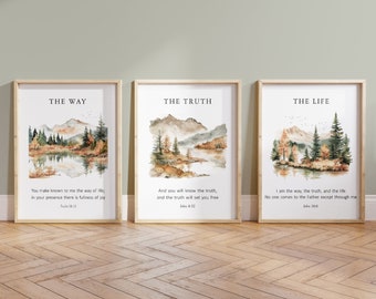 Christian Autumn Set of 3, The Way, The Truth, The Life, Encouraging Christian Wall Art, Bible Verse Poster, Scripture Art, Fall Home Decor