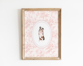 Watercolor Australian Shepherd Wall Art, Dog Girl Nursery Wall Art Print, Pink Chinoiserie Nursery Decor, Coquette Wall Art Print, Printable
