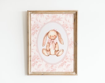 Decorazione murale vintage per cameretta a forma di coniglietto, decorazione per cameretta per bambina, cameretta rosa Grandmillennial, poster con fiocco rosa a forma di coniglietto, decorazione vintage per cameretta per bambina, stampabile
