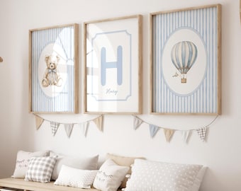 Baby Boy Nursery Wall Art Set, Personalized Initial Poster, Vintage Teddy Bear and Balloon Prints, Blue Stripes Boys Room Decor (Digital)