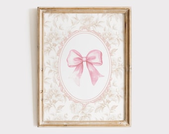 Vintage Grandmillenial Bow Wall Art, Pink Girl Nursery Decor, Pink Bow Print, Coquette Nursery Print, Little Girl Room, Digital Download