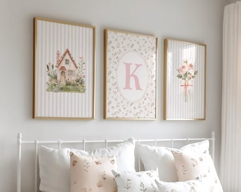 Pink Cottage Nursery Wall Art Set, Personalized Initial Print, Floral Baby Girl Room Decor (Digital Download)