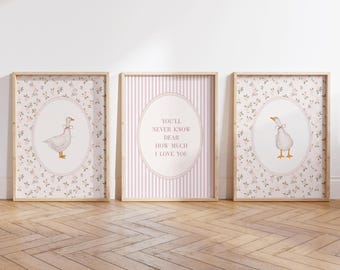 Vintage gans kinderkamer kunst aan de muur, je weet nooit, lieveling hoeveel ik van je hou print, roze bloemengans print, Silly Goose Girl kamerdecoratie