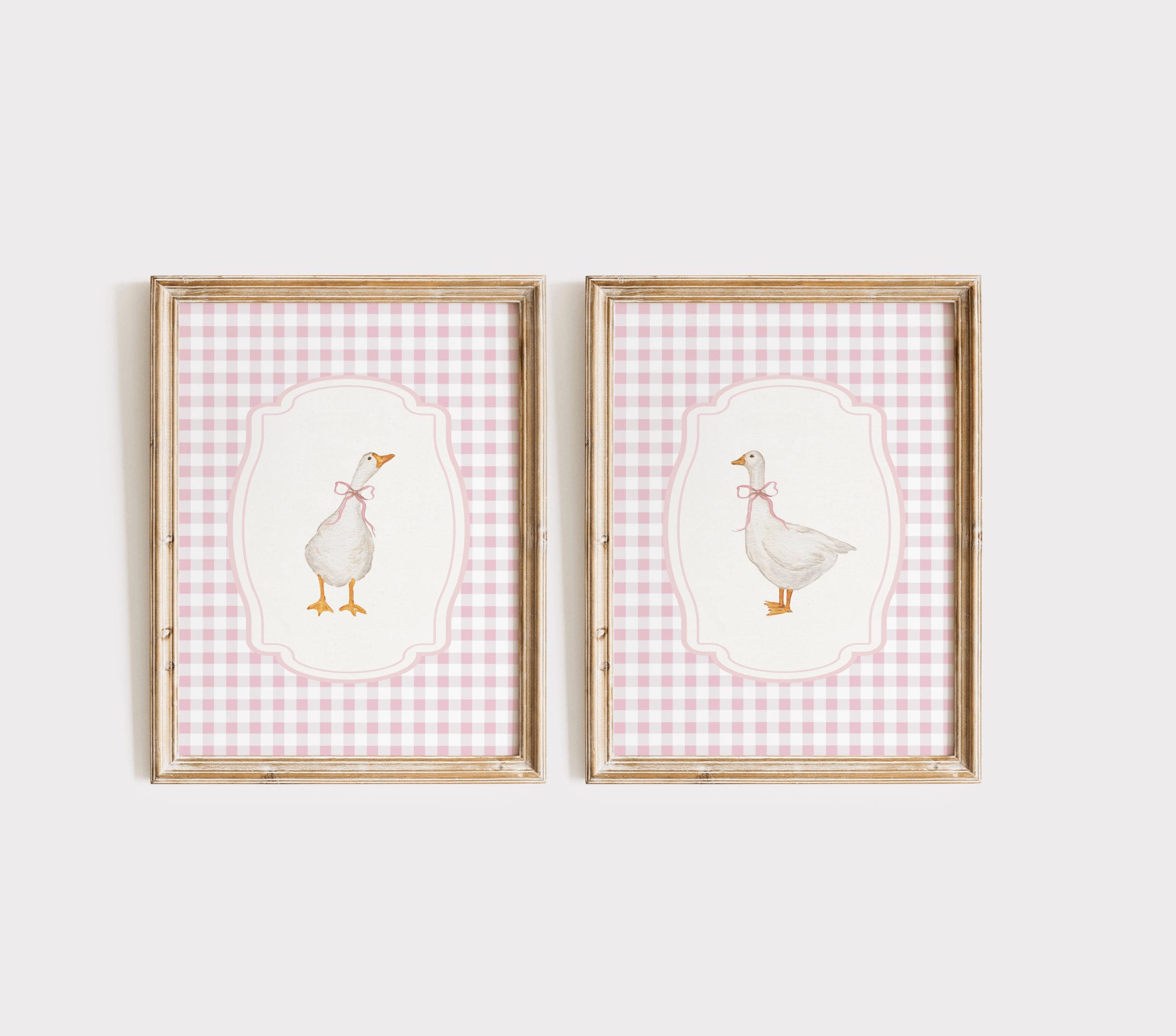 Gingham Goose Wall Art Set , Vintage Goose Nursery Print, Baby Girl ...