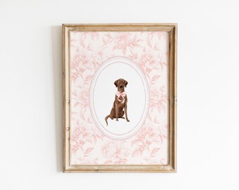 Art mural aquarelle labrador, impression d'art mural chambre d'enfant chien, décoration de chambre de bébé chinoiserie rose, impression d'art mural chien coquette, imprimable