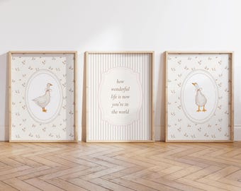 Vintage Goose Nursery Wall Art, How Wonderful Life Is Now You're In The World Print, Neutral Floral Goose Print, Silly Goose Girl Room Decor