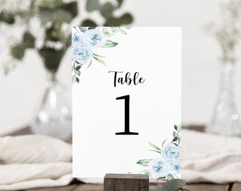 Printable Table Numbers, Blue Floral Table Number, Wedding Table Numbers, 4x6 and 5x7, Reception Table Decor, Template Table Numbers, BW