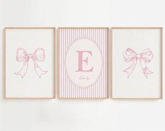 Pink Bow Custom Initial Wall Art, Girl Monogram Print, Girl Nursery Wall Art Set, Custom Name Baby Girl Print, Coquette Pink Bow Nursery