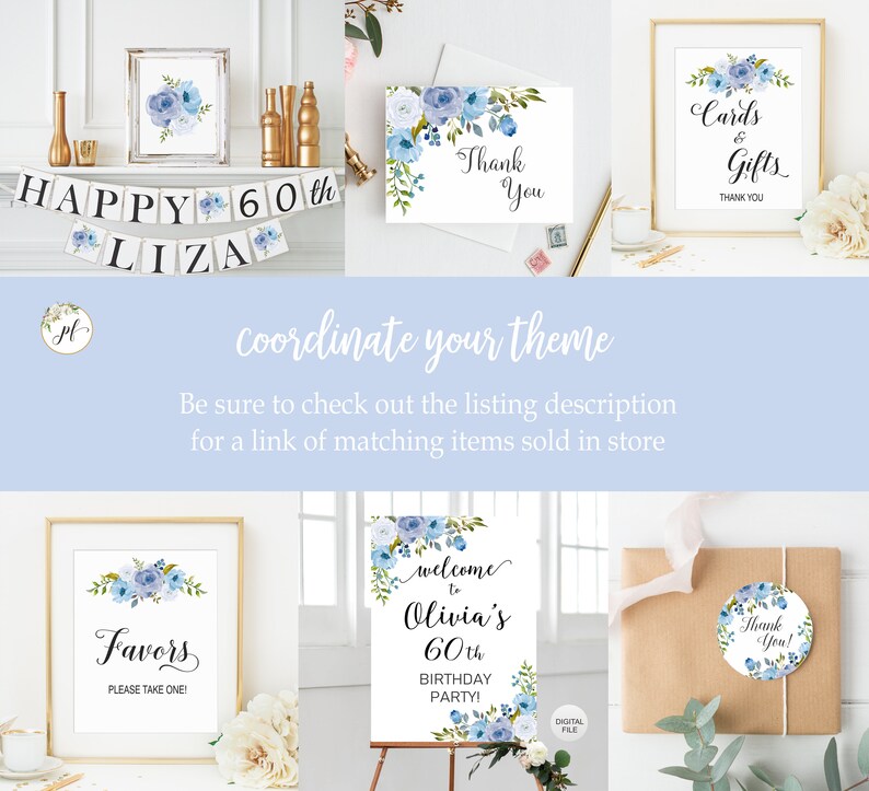 Bloom Blue Birthday Decor BW Large Welcome Poster Welcome Birthday Sign Spring Women Birthday Party Flowers Birthday Board Any Age