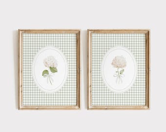 Green Gingham Hydrangea Print, White Hydrangea Wall Art, Botanical Floral Art, Chinoiserie Floral Print, Printable Hydrangea Poster