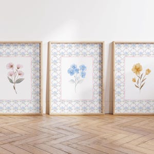 Grandmillennial Nursery Wall Art Set, Floral Nursery Print, Girl Nursery Decor, Pink Blue Chinoiserie Art Print, Botanical Girls Room Decor