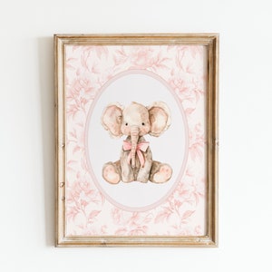 Arte de parede de elefante vintage, decoração de berçário de menina, Grandmillenial rosa, pôster de laço de elefante rosa, decoração de quarto vintage de menina, para impressão