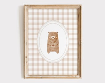 Väggkonst med björnringhammotiv, könsneutral barnrumsdekor, väggkonst med björnmotiv, beige björnposter, skogsmarksbarnrumstryck, djurbarnrum