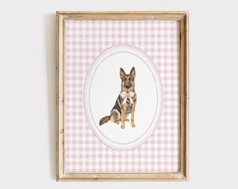 German Shepherd Nursery Wall Art, Dog Girl Nursery Decor, Pink Gingham Puppy Print, Coquette Dog Wall Art, Puppy Girls Room Decor, Printable