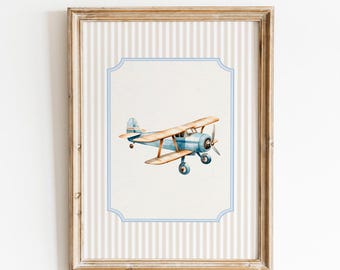 Lámina decorativa vintage de avión para habitación infantil, estilo biplano de viaje, azul y beige, descarga digital.