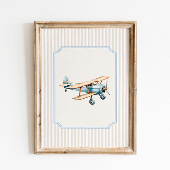 Vintage Plane Wall Art, Boy Travel Nursery Decor, Travel Biplane Print, Little Boy Vintage Room Decor, Blue and Beige, Digital Download