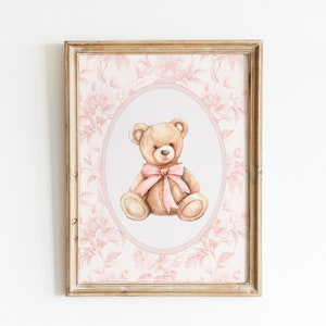 Arte de pared vintage para habitación de bebé con osos, decoración de habitación de niña, habitación de bebé Grandmillenial rosa, póster con lazo rosa de oso, decoración vintage para habitación de niña, imprimible