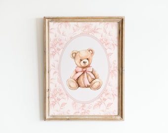 Vintage Bear Nursery Wall Art, Girl Nursery Decor, Pink Grandmillenial Nursery, Bear Pink Bow Poster, Girl Vintage Room Decor, Printable