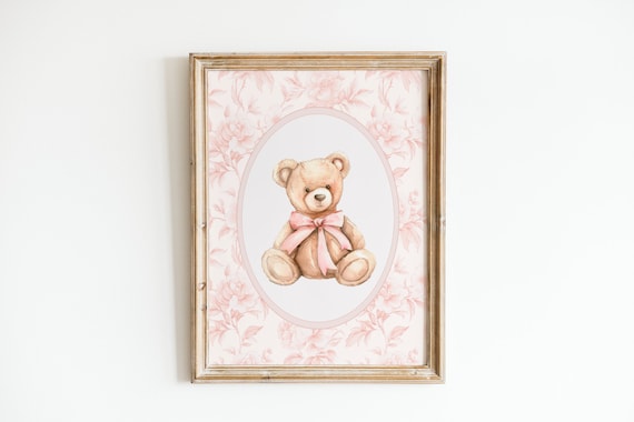 Vintage Bear Nursery Wall Art, Girl Nursery Decor, Pink Grandmillenial Nursery, Bear Pink Bow Poster, Girl Vintage Room Decor, Printable