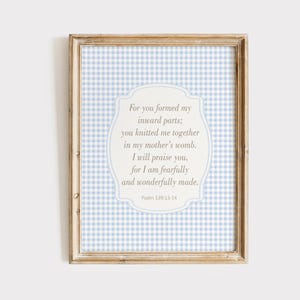 Christian Boy Nursery Wall Art, Psalm 139:13-14 Bible Verse Print, Blue Gingham Nursery Decor, Boy Nursery Scripture, Boys Room Bible Poster