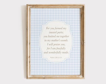 Christian Boy Nursery Wall Art, Psalm 139:13-14 Bible Verse Print, Blue Gingham Nursery Decor, Boys Room Bible Poster, Digital Download