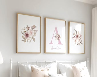 Ensemble d'affiches murales florales personnalisées pour chambre de bébé, impression du prénom, fleurs roses à l'aquarelle, décoration pour chambre de petite fille