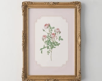Lámina decorativa floral rosa vintage para pared, pintura de flores, arte infantil estilo cottagecore, arte mural de jardín inglés, decoración botánica, habitación infantil para niña florista