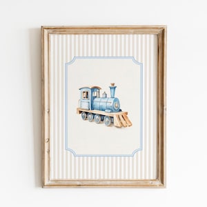 Vintage Train Wall Art, Boy Travel Nursery Decor, Travel Locomotive Print, Little Boy Vintage Room Decor, Blue and Beige, Digital Download