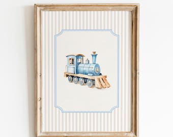 art mural train vintage, décoration de chambre d'enfant de voyage garçon, impression locomotive de voyage, décoration de chambre vintage petit garçon, bleu et beige, téléchargement numérique