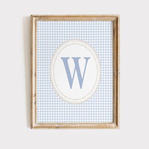 Arte de pared con la inicial W, arte de pared con la inicial del nombre a cuadros azules, impresión de monograma, arte de pared con la inicial W vintage, letra inicial para habitación de niño, regalo para bebé