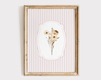 Floral Wall Art Print, vintage bloemen schilderij, beige bloemenprint, Engelse tuin digitale print, roze bloem decor, meisjeskamer print