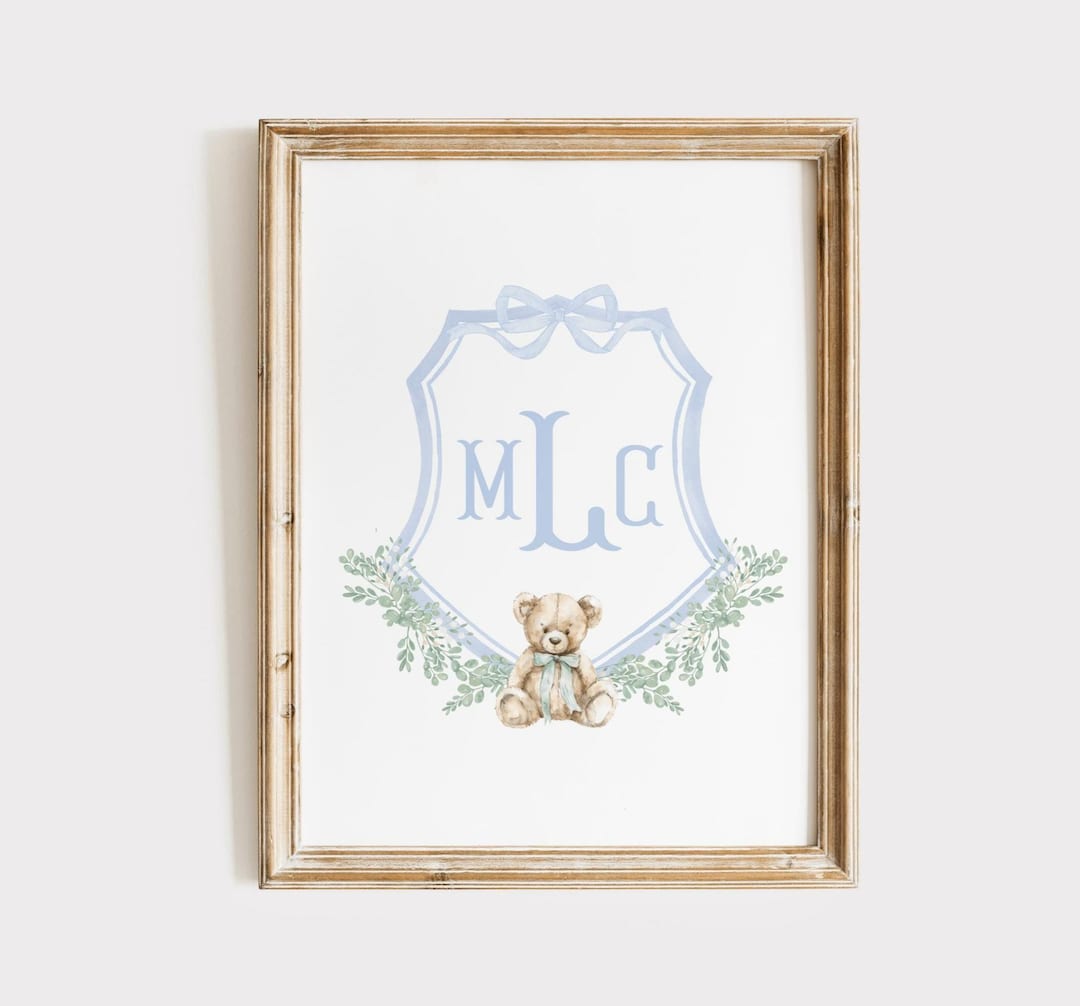 Boy Nursery Wall Art Monogram, Blue Baby Name Print, Teddy Bear Nursery ...