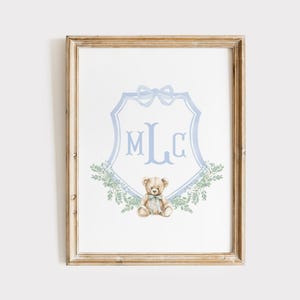Teddy Bear Nursery Wall Art, Crest Nursery Monogram, Boy Monogram Art Print, Boy Nursery Decor, Boys Room, Baby Shower Gift, Printable