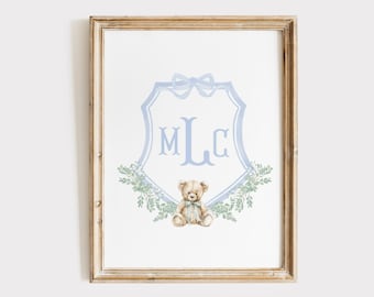 Boy Nursery Wall Art Monogram, Blue Baby Name Print, Teddy Bear Nursery Decor, Personalized Baby Boy Gift, Preppy Watercolor Custom Crest
