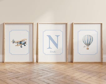 Boy Nursery Wall Art Set, Blue and Beige, Custom Boy Initial, Vintage Airplane and Hot Air Balloon Print, Boys Playroom Decor