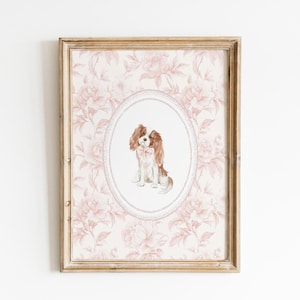 Cavalier King Charles Spaniel Wall Art, Dog Girl Nursery Wall Art Print, Pink Chinoiserie Nursery Decor, Coquette Dog Wall Art, Printable