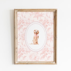 Watercolor Golden Retriever Wall Art, Dog Girl Nursery Wall Art Print, Pink Chinoiserie Nursery Decor, Coquette Wall Art Print, Printable